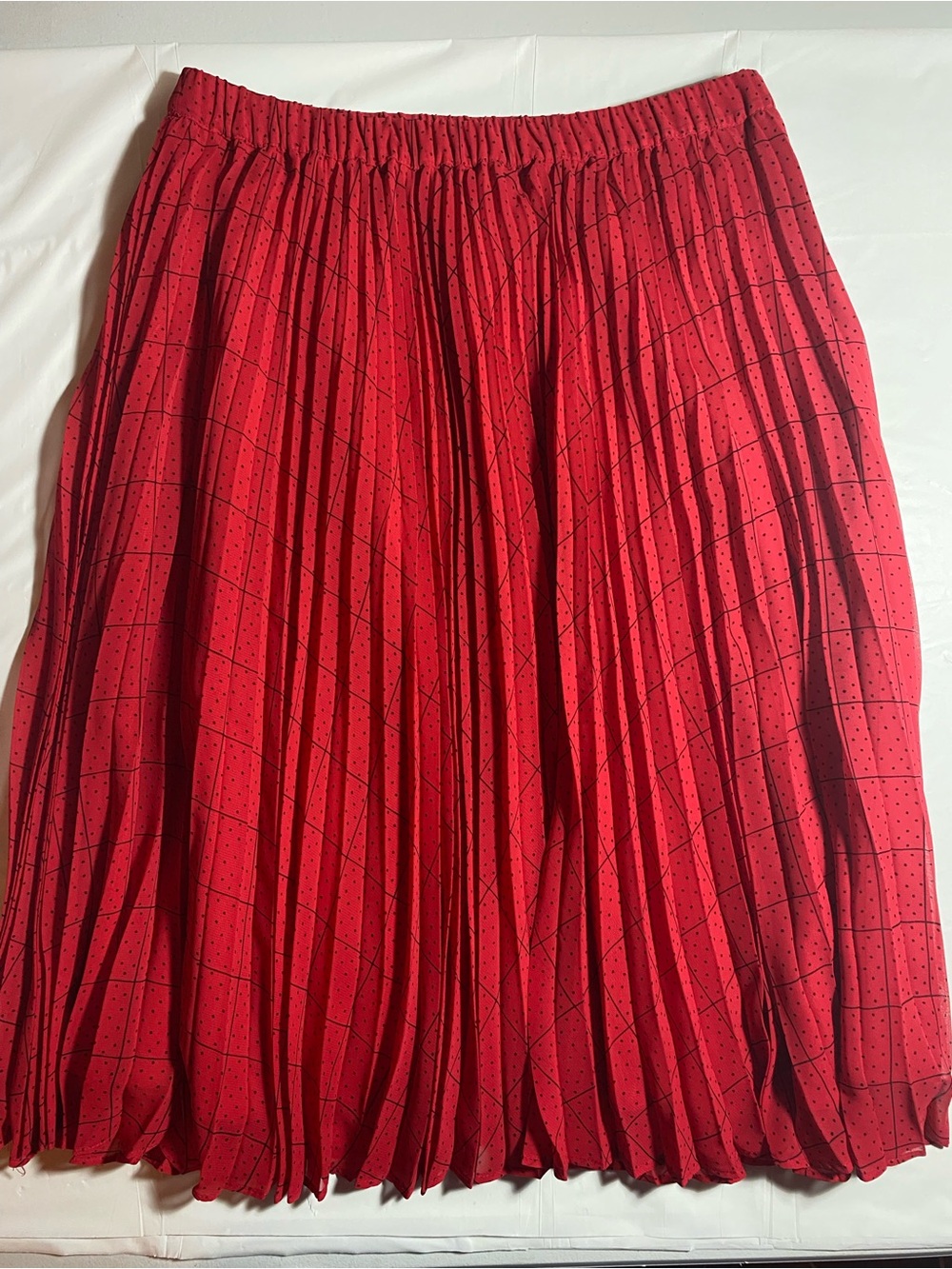 ELLE Red Black Polka Dot Grid Accordion Pleated Midi Skirt Elastic Waist XS